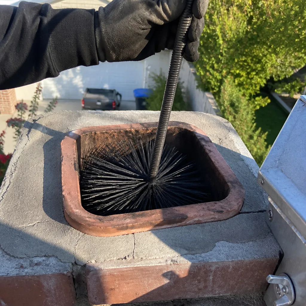 Professional chimney sweep cleaning a chimney flue with a wire brush