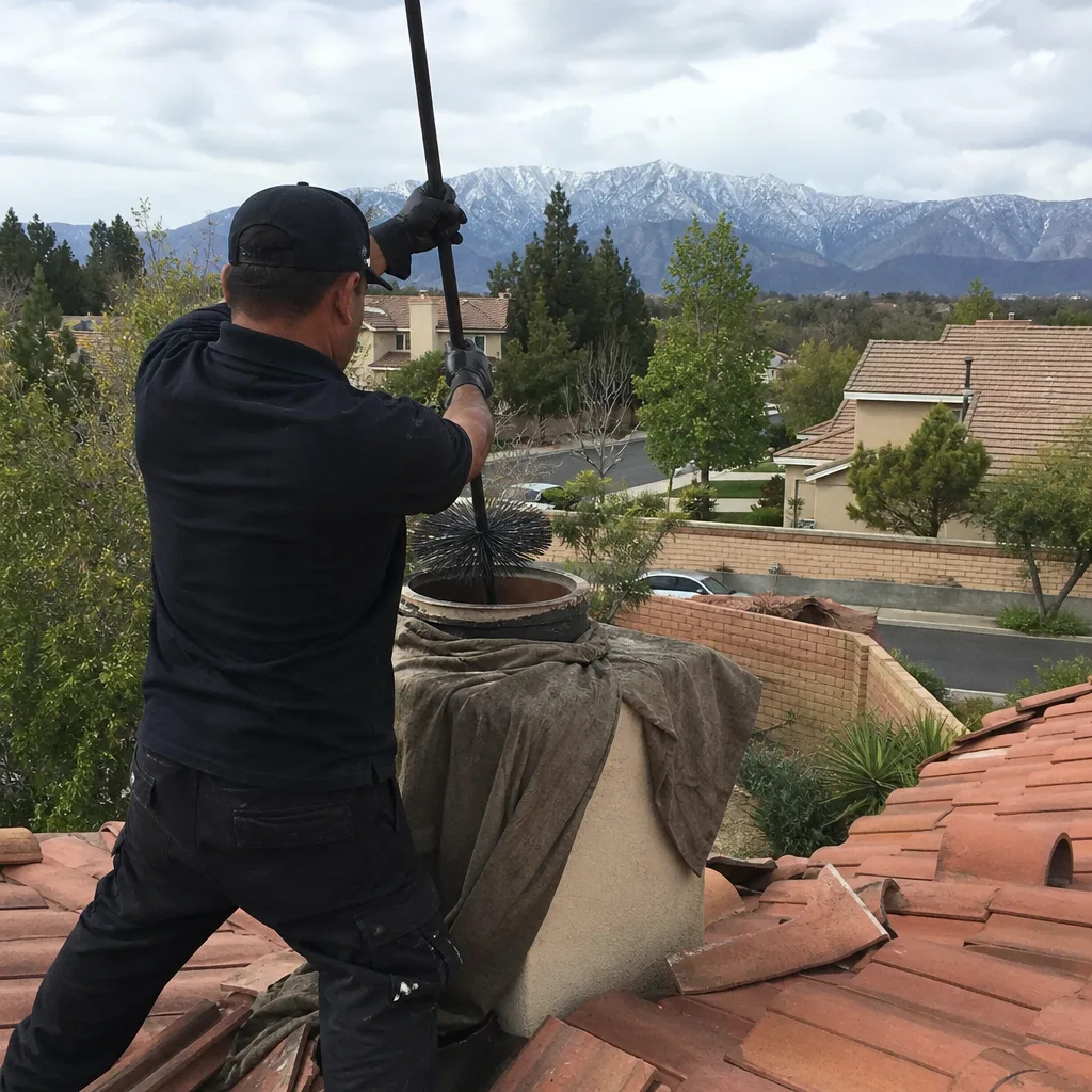 Professional chimney sweep cleaning a residential chimney on a tiled roof